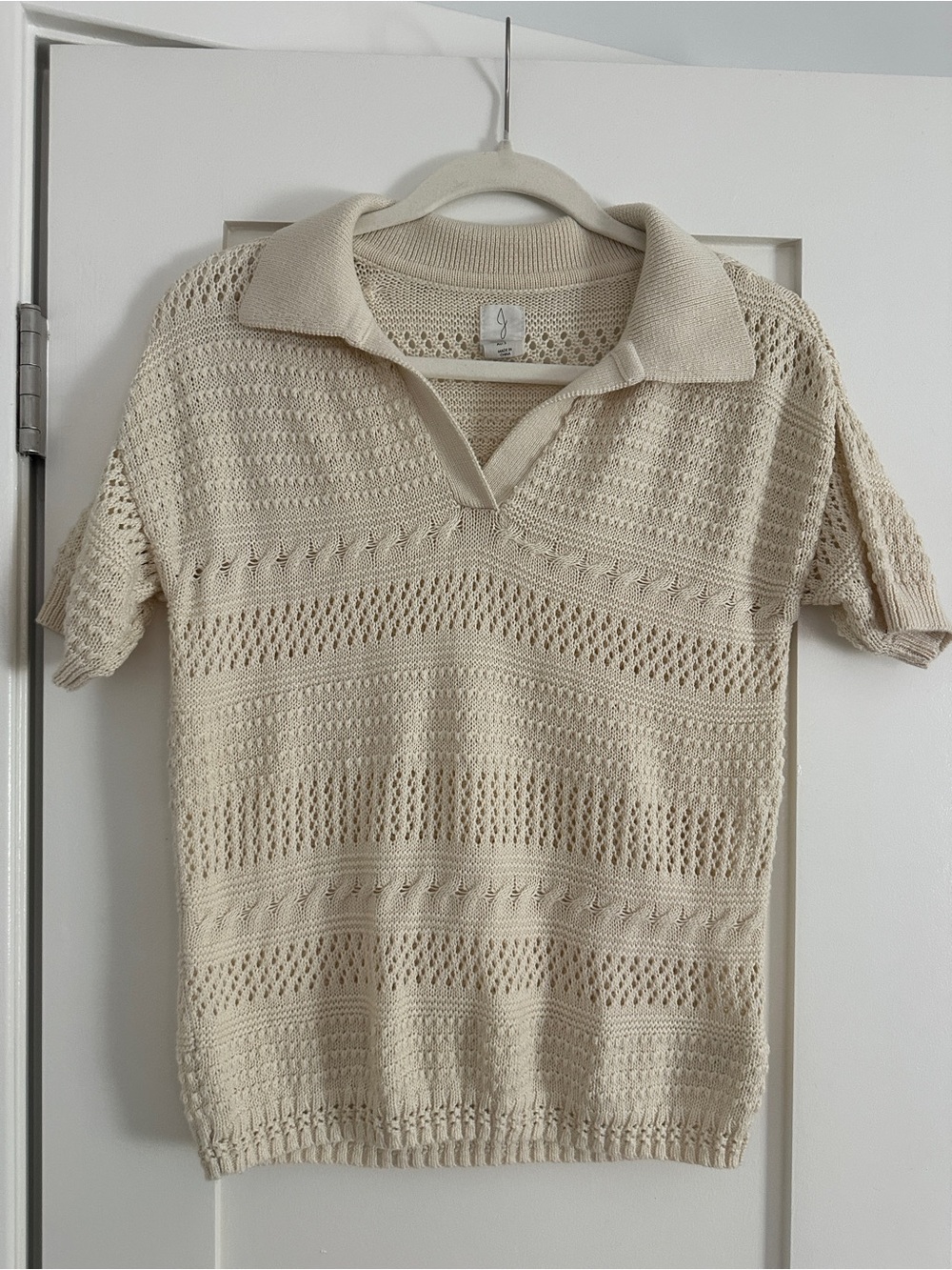 Joie Openwork Knit V‑Neck Polo Sweater in Cream